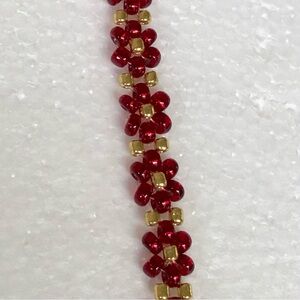 Handcrafted Daisy Beaded Flower Bracelet  Or Anklet, Red & Gold Glass Beads